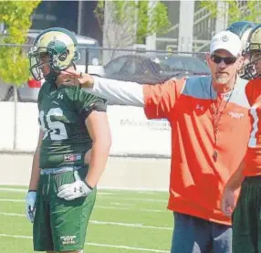  ?? Mike Brohard, Loveland Reporter-Herald ?? Colorado State coach Mike Bobo, center, was pleased with what he saw Saturday from his defense in a scrimmage.