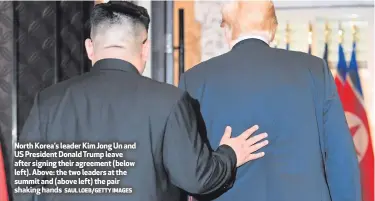  ?? SAULLOEB/GETTYIMAGE­S ?? North Korea’s leader Kim Jong Un and US President Donald Trump leave after signing their agreement (below left). Above: the two leaders at the summit and (above left) the pair shaking hands