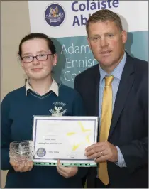  ??  ?? Transition Year Spirit of The Year award recipient Sinéad Kehoe with principal John Nolan.