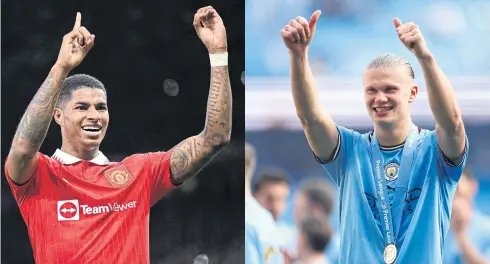  ?? AFP/REUTERS ?? Manchester United forward Marcus Rashford, left, and Manchester City’ striker Erling Haaland will meet in the FA Cup final at Wembley today.