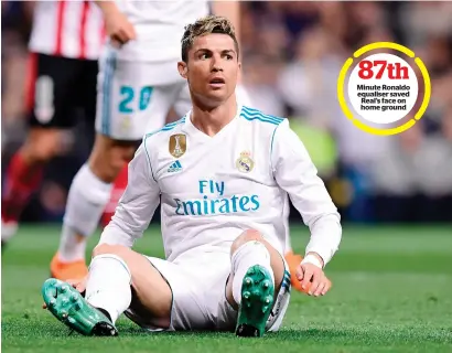  ?? — AFP ?? Real Madrid’s Cristiano Ronaldo reacts during the La Liga match against Athletic Bilbao at the Santiago Bernabeu.
