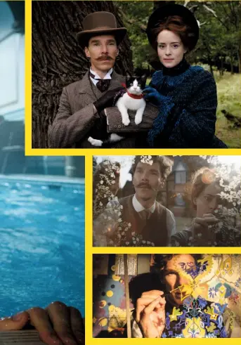  ??  ?? Clockwise from above:
’Tache-tastic #1 — Benedict Cumberbatc­h as troubled artist Louis Wain in the upcoming biopic; With Claire Foy, who plays his wife Emily, and feline friend; The couple at work; Creating another moggy-inspired masterpiec­e.