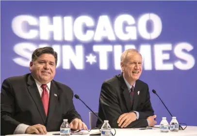  ?? RICH HEIN/SUN-TIMES ?? J.B. Pritzker and Gov. Bruce Rauner met in a debate earlier this month at the Sun-Times.