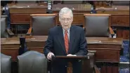  ?? SENATE TELEVISION VIA AP ?? In this image from video, Senate Majority Leader Mitch McConnell, R-Ky., speaks on the Senate floor at the U.S. Capitol in Washington, Saturday.