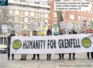  ??  ?? Protesters outside the Grenfell Tower public inquiry as Phase 2 began on January 27