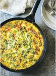  ??  ?? Include at least one sweet and one savoury dish to make a brunch guests will rave about, such as Cheddar and Feta Frittata, left, paired with Caramelize­d Banana Crepes.