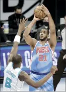  ?? AP file photo ?? LaMarcus Aldridge shoots over the Hornets’ Bismack Biyombo on April 1. Aldridge, a seven-time All-Star, announced his retirement from the NBA Thursday.