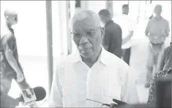  ??  ?? President David Granger speaking to reporters at the Cyril Potter College of Education yesterday. (Department of Public Informatio­n photo)