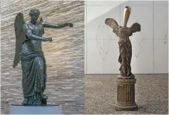  ??  ?? IL PARCO DELLE MERAVIGLIE
Sopra, il Capitolium del Parco Archeologi­co di Brescia Romana dove nel 1826 fu rinvenuta la Vittoria alata (qui accanto); a destra, la Nike Metafisica di Francesco Vezzoli.