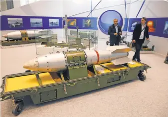  ?? YURI KOCHETKOV, EUROPEAN PRESSPHOTO AGENCY ?? Amock bomb with a nuclear warhead is displayed Sept. 2, 2015, at aMoscow exhibition titled “Chain Reaction of Success” and devoted to Russia’s nuclear industry.