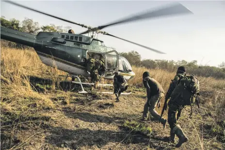  ?? Photos Jack Losh ?? Suspected poachers are flown back to be interrogat­ed, above; a suspected poacher, left; and Chinko park manager David Simpson, far left