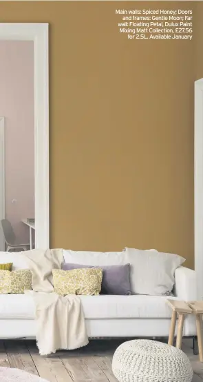  ??  ?? Main walls: Spiced Honey; Doors and frames: Gentle Moon; Far wall: Floating Petal, Dulux Paint Mixing Matt Collection, £27.56 for 2.5L. Available January Left: Spiced Honey is a great choice to bring a touch of warmth to a bedroom ceiling.