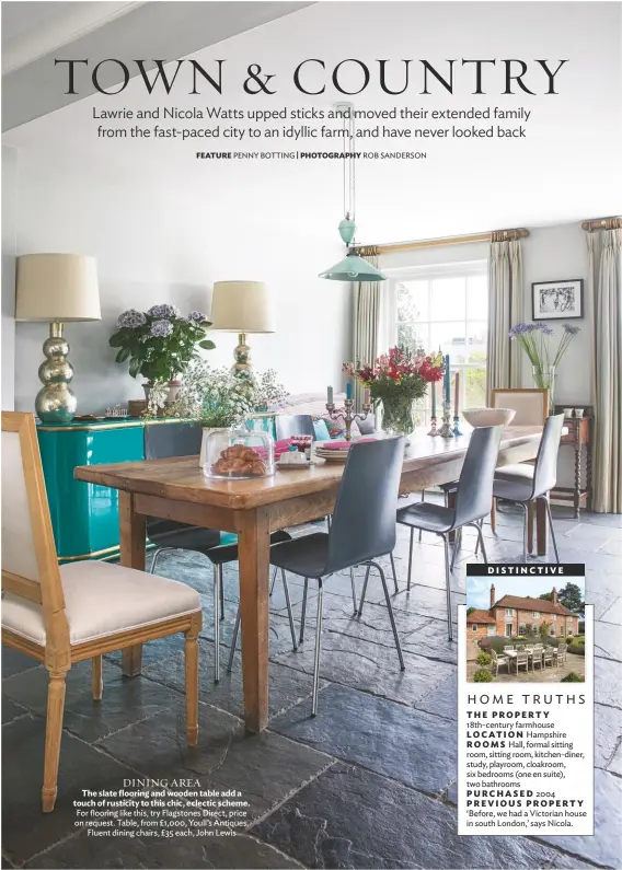  ??  ?? Dining area The slate flooring and wooden table add a touch of rusticity to this chic, eclectic scheme. For flooring like this, try Flagstones direct, price on request. table, from £1,000, youll’s antiques. Fluent dining chairs, £35 each, John Lewis