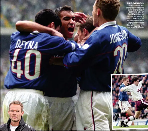  ?? ?? BLUE-EYED BOYS: Johansson and Van Bronckhors­t celebrate a win over Celtic in 1999 and take on David Weir, then at Hearts, in the same season. Two decades on, Van Bronckhors­t (right) is Ibrox boss while Johansson is in charge at TPS Turku