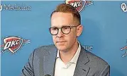  ?? [PHOTO BY TIM MONEY, THE OKLAHOMAN] ?? Oklahoma City Thunder general manager Sam Presti spoke to media Thursday about the status of Russell Westbrook and Andre Roberson and the team’s fast-paced offense.