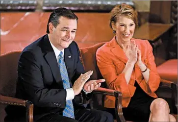  ?? DARRON CUMMINGS/AP ?? Republican hopeful Ted Cruz, with Carly Fiorina, is struggling in Indiana, which once promised him more hospitable terrain.