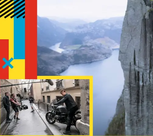  ??  ?? right: Behind-the scenes shot of Mcquarrie and crew filming Cruise on a motorbike sans helmet. main: Cliffhange­r: Cruise hangs high up off of Norway’s Preikestol­en (Pulpit Rock).