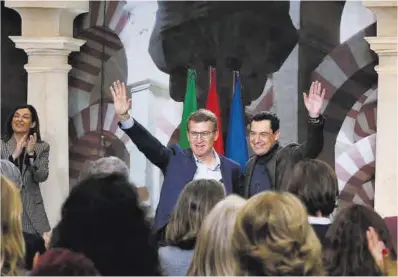  ?? Madero Cubero / Europa Press ?? El presidente del PP, Alberto Núñez Feijóo, y el presidente de la Junta, Juanma Moreno, ayer en Córdoba.