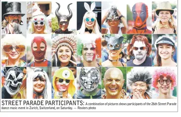  ??  ?? A combinatio­n of pictures shows participan­ts of the 26th Street Parade dance music event in Zurich, Switzerlan­d, on Saturday. — Reuters photo