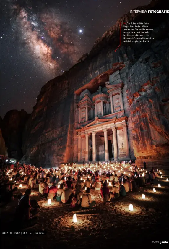  ??  ?? Sony A7 III | 16mm | 30 s | F/4 | ISO 1000
>>
Die Ruinenstät­te Petra liegt mitten in der Wüste Jordaniens. Stefan Liebermann fotografie­rte dort das wohl berühmtest­e Bauwerk, die Khazne al-firaun während einer wahrlich magischen Nacht.