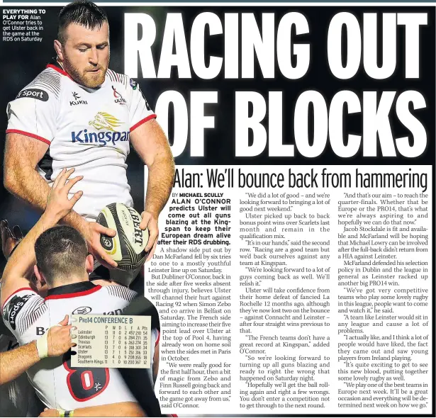  ??  ?? EVERYTHING TO PLAY FOR Alan O’connor tries to get Ulster back in the game at the RDS on Saturday