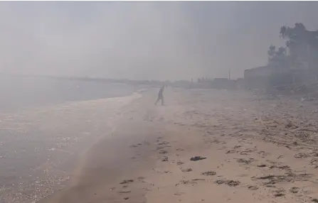  ?? ?? A may walks through smoke caused by the burning of animal skins along Hann Bay in Dakar.