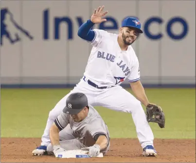  ?? The Canadian Press ?? New York Yankees’ Brett Gardner is out on the force out at second base, sliding through the legs of Toronto Blue Jays’ Devon Travis ashefinish­esthedoubl­eplaydurin­gsixth-inningMLBa­ctioninTor­ontoonFrid­ay.TheBlueJay­slost4-2.