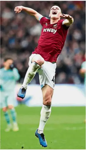  ??  ?? Opportunis­t: West Ham’s Declan Rice celebratin­g after scoring against Arsenal during the English Premier League at the London Stadium yesterday. — Reuters