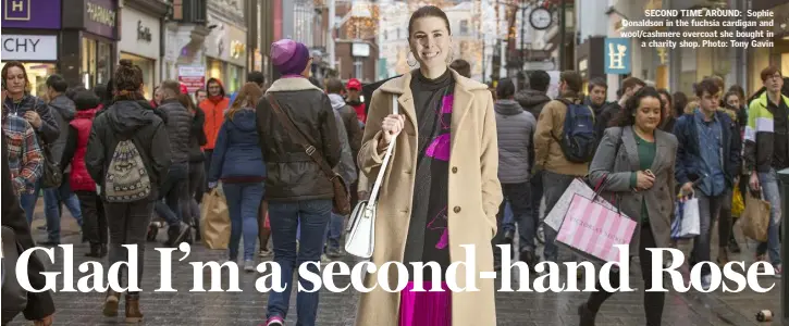  ?? Photo: Tony Gavin ?? SECOND TIME AROUND: Sophie Donaldson in the fuchsia cardigan and wool/cashmere overcoat she bought in a charity shop.