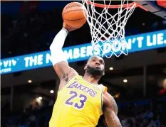  ?? (Reuters) ?? IT’S YEAR 17 for LeBron James, and he’s averaging 25.6 points, 7.4 rebounds and 11.0 assists for the Los Angeles Lakers. He’s the only player ever to average at least 25 points and 10 assists after their age-30 season… and he’s almost 35.