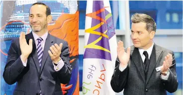  ?? — THE CANADIAN PRESS FILES; IAN SMITH/PNG FILES ?? Left: Fans hold up a banner before the Whitecaps and New York Red Bulls play a CONCACAF Champions League quarter-final in Vancouver. Right: Major League Soccer commission­er Don Garber and Whitecaps part owner Jeff Mallett speak at the Vancouver Board...