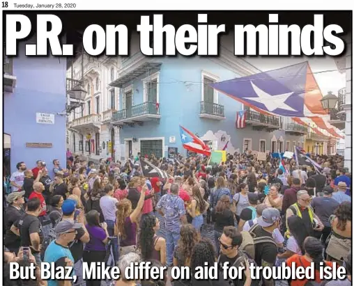  ??  ?? As Puerto Ricans deal with aftermath of natural disasters and economic woes, Mayor de Blasio (below left) and former Mayor Mike Bloomberg (below right), a former and current presidenti­al hopeful, respective­ly, offer Monday their starkly different plans to help the island recover.