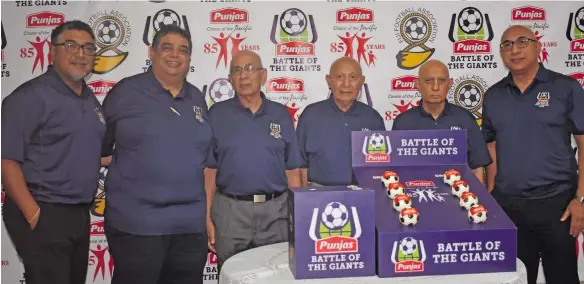  ?? Photo: Waisea Nasokia ?? From left: Punjas Group of Companies director Parvesh Punja, Fiji FA president Rajesh Patel, Nitin Punja, Kanti Punja, chairman Jagjiwan Punja, and director Rajesh Punja during the launch of the Battle of the Giants tournament at Punjas Ocean Soaps Pte Limited in Navutu, Lautoka on July 24, 2020.