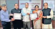  ?? HT PHOTO ?? Noted writers Dr Madhav Hada and Madhu Kankariya were awarded the Bihari Puraskar on Wednesday.