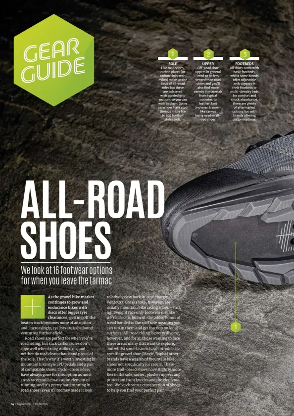  ??  ?? 1 SOLE Like road shoes, carbon plates (or carbon-injectedny­lon) make up the basis of all-road soles but these are bolstered with bonded grip sections so you can walk in them. Some raceshoes have stud threads in the toe to add football style studs. 1
