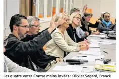  ??  ?? Les quatre votes Contre mains levées : Olivier Segard, Franck Brault, Gilles de Pommereau et Nadia Courdavaul­t, de gauche à droite.