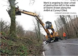  ?? CARMARTHEN­SHIRE COUNCIL ?? Work is ongoing to clear a trail of destructio­n left in the wake of Storm Arwen along the A484 at Cynwyl Elfed.