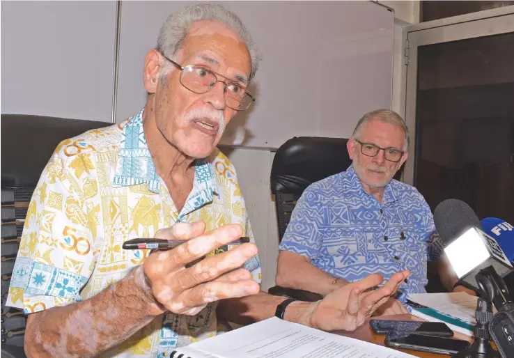  ?? Photo: Ronald Kumar ?? University of the South Pacific Pro-Chancellor Winston Thompson (left), with acting Vice Chancellor Professor Derrick Armstrong at the Laucala Campus in Suva on June 11, 2020.
