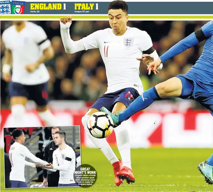  ??  ?? GREAT NIGHT’S WORK Lingard takes a break after another good shift, allowing Lewis Cook to make his England debut