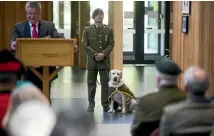  ?? DAVID UNWIN/STUFF ?? Professor Glyn Harper and dog handler Sapper Maylin Broderick, with Yardley the explosives detection dog.