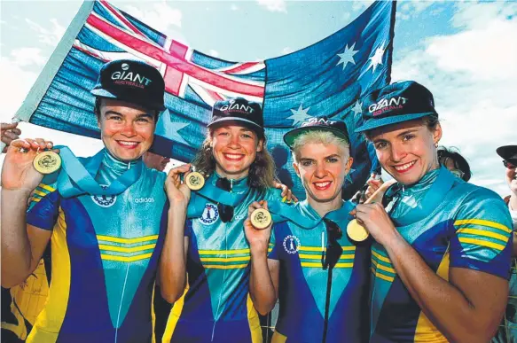  ??  ?? Louise Nolan (far right) set up Kathy Watt’s road race gold and then shared gold with teammates (from left) Rachel Victor, Cathy Reardon and Watt in the team time trial.