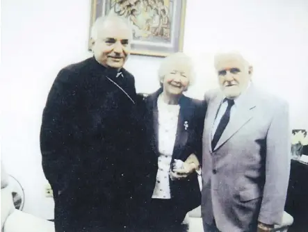  ??  ?? Gerald Barnes, Bishop of San Bernardino, left, with Patricia Thatcher and Mark Bormann in 2011 in California, where she was living and he had come to visit her after decades apart.