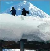  ?? FOTO: DIRK PILLE ?? Die Bahnarbeit­er schippen einen Teil der meterhohen Schneedeck­e von den Dächern.