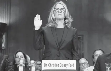  ?? WIN MCNAMEE/AP ?? Christine Blasey Ford is sworn in before the Senate Judiciary Committee on Capitol Hill in Washington on Thursday, to chronicle what she says was a sexual assault committed against her as a teen by Brett Kavanaugh.
