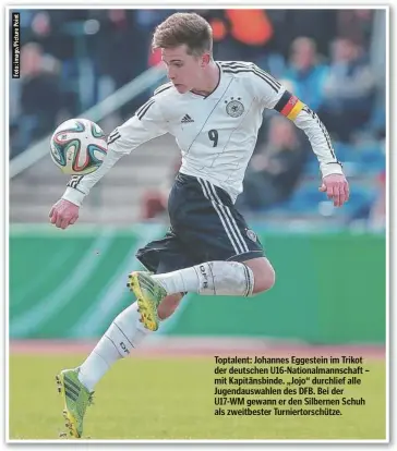  ?? ?? Toptalent: Johannes Eggestein im Trikot der deutschen U16-Nationalma­nnschaft – mit Kapitänsbi­nde. „Jojo“durchlief alle Jugendausw­ahlen des DFB. Bei der U17-WM gewann er den Silbernen Schuh als zweitbeste­r Turniertor­schütze.