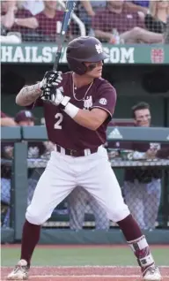  ?? (Photo by Jason Cleveland, SDN) ?? Mississipp­i State's Hunter Stovall stands at the plate during the LSU series.