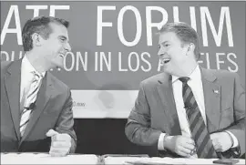  ?? Kevork Djansezian Getty Images ?? ERIC GARCETTI, left, has won the backing of Kevin James, right. “I think the opportunit­y for independen­ce is greater with Eric,” James said.