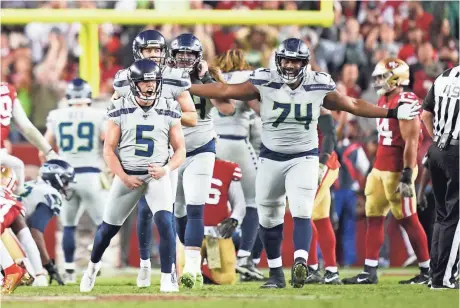  ?? KYLE TERADA/USA TODAY SPORTS ?? Kicker Jason Myers celebrates his field goal in overtime that secured the Seahawks’ 27-24 victory and the first loss for the 49ers.