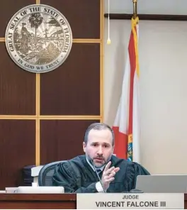  ?? WILLIE J. ALLEN JR./ORLANDO SENTINEL PHOTOS ?? Judge Vincent Falcone III speaks during hearing for the Associatio­n to Preserve the Eatonville Community and Bea Hatler, the great-granddaugh­ter of Robert Hungerford, in a lawsuit against Orange County Public Schools.