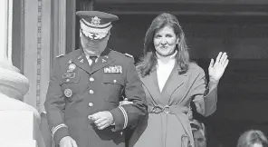  ?? MEG KINNARD/ AP ?? Former South Carolina Gov. Nikki Haley and her husband, Army National Guard officer Michael Haley, attend the inaugural of Gov. Henry McMaster on Jan. 11 in Columbia. Nikki Haley is expected to launch a presidenti­al run.